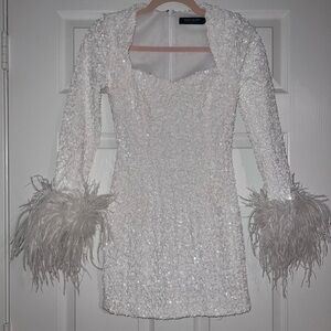 White Sequin Dress with Feather Cuffs